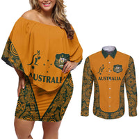 Custom Australia Rugby Championship 2024 Couples Matching Off Shoulder Short Dress and Long Sleeve Button Shirt Aboriginal Art Tattoo Pattern LT03 Yellow - Polynesian Pride
