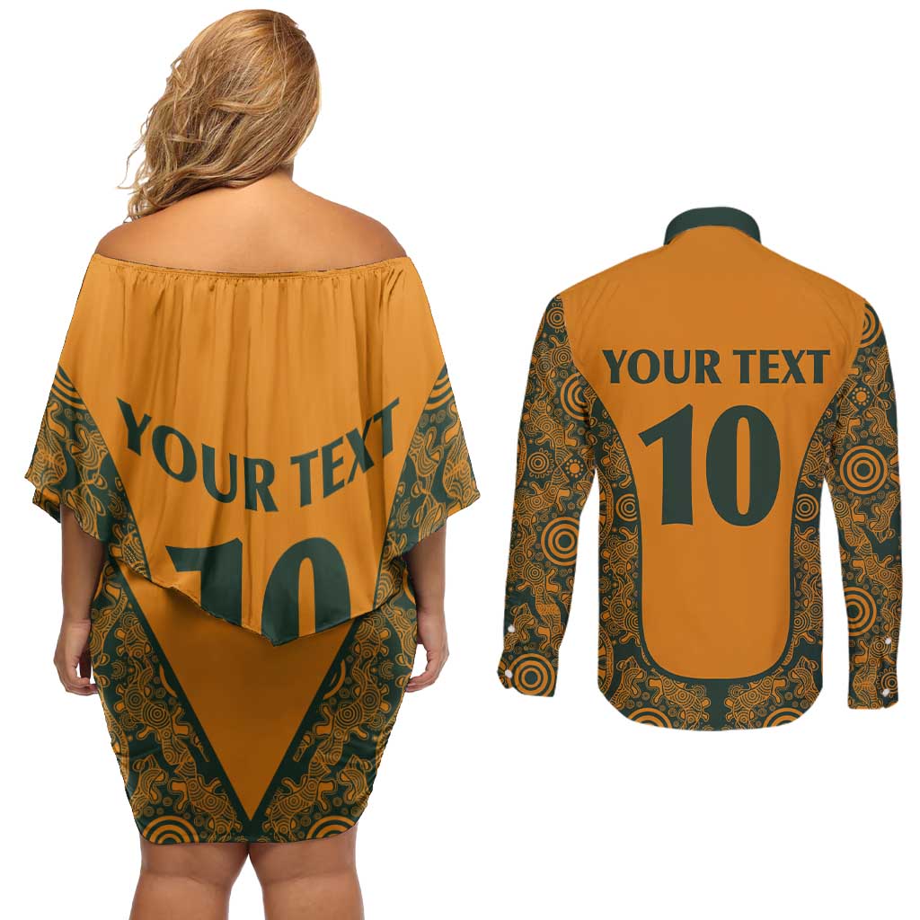 Custom Australia Rugby Championship 2024 Couples Matching Off Shoulder Short Dress and Long Sleeve Button Shirt Aboriginal Art Tattoo Pattern LT03 - Polynesian Pride