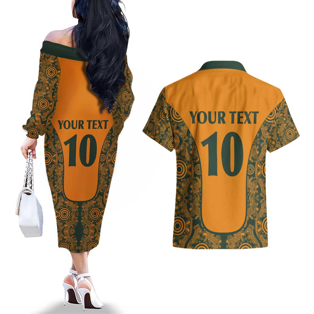 Custom Australia Rugby Championship 2024 Couples Matching Off The Shoulder Long Sleeve Dress and Hawaiian Shirt Aboriginal Art Tattoo Pattern