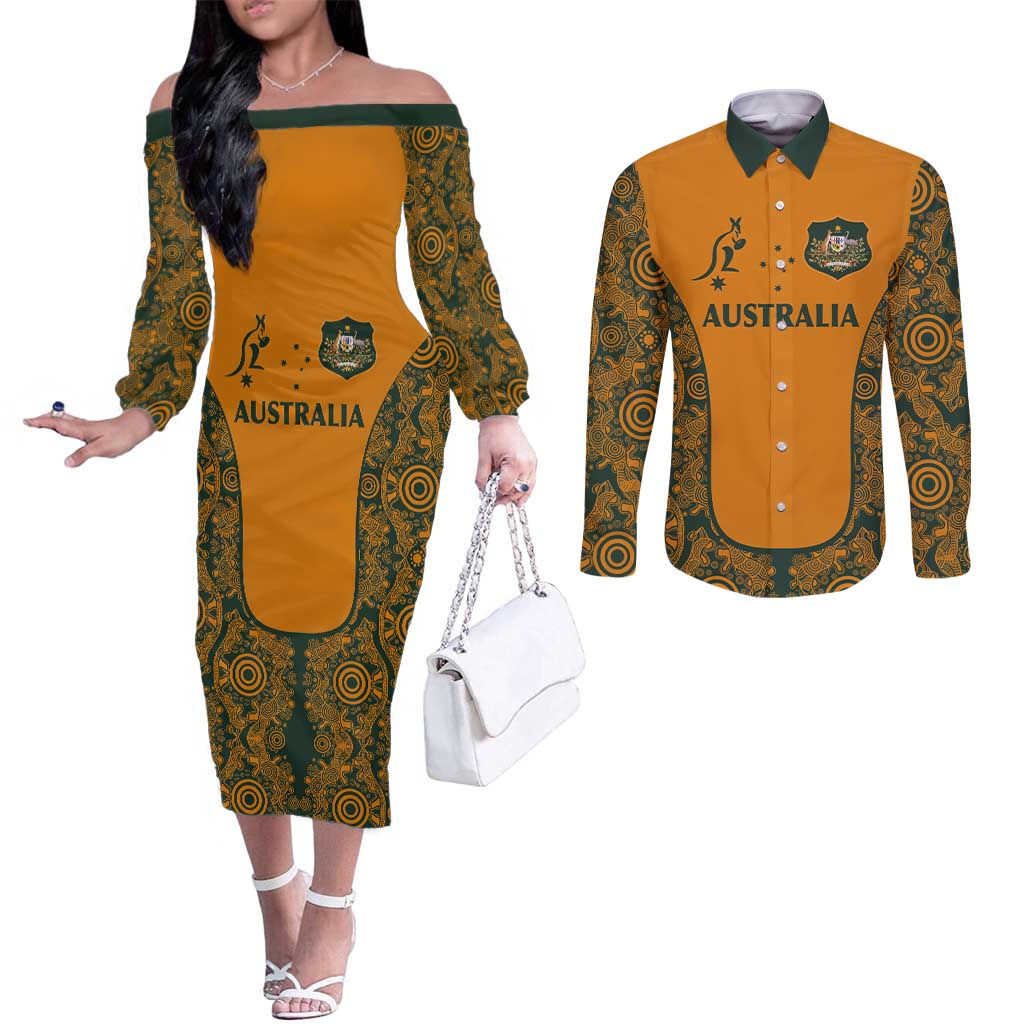 Custom Australia Rugby Championship 2024 Couples Matching Off The Shoulder Long Sleeve Dress and Long Sleeve Button Shirt Aboriginal Art Tattoo Pattern LT03 Yellow - Polynesian Pride