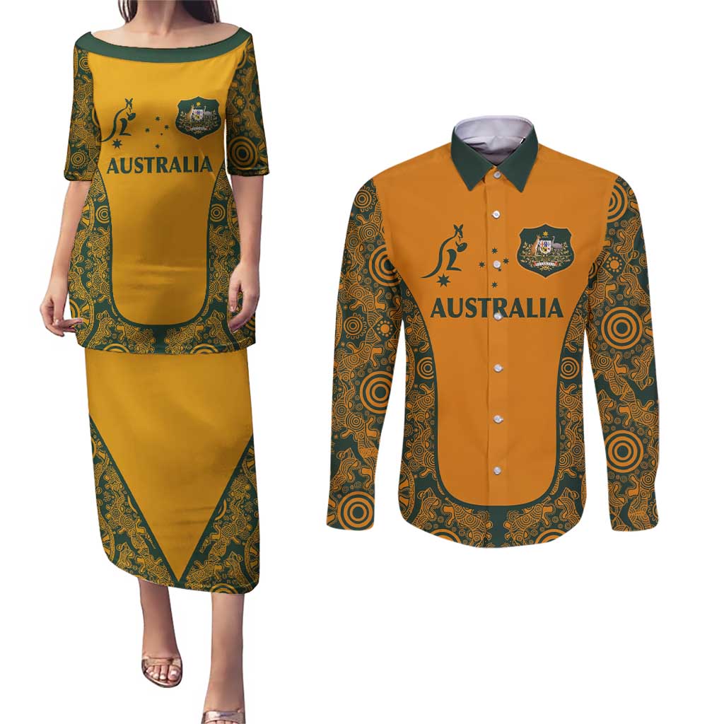 Custom Australia Rugby Championship 2024 Couples Matching Puletasi and Long Sleeve Button Shirt Aboriginal Art Tattoo Pattern LT03 Yellow - Polynesian Pride