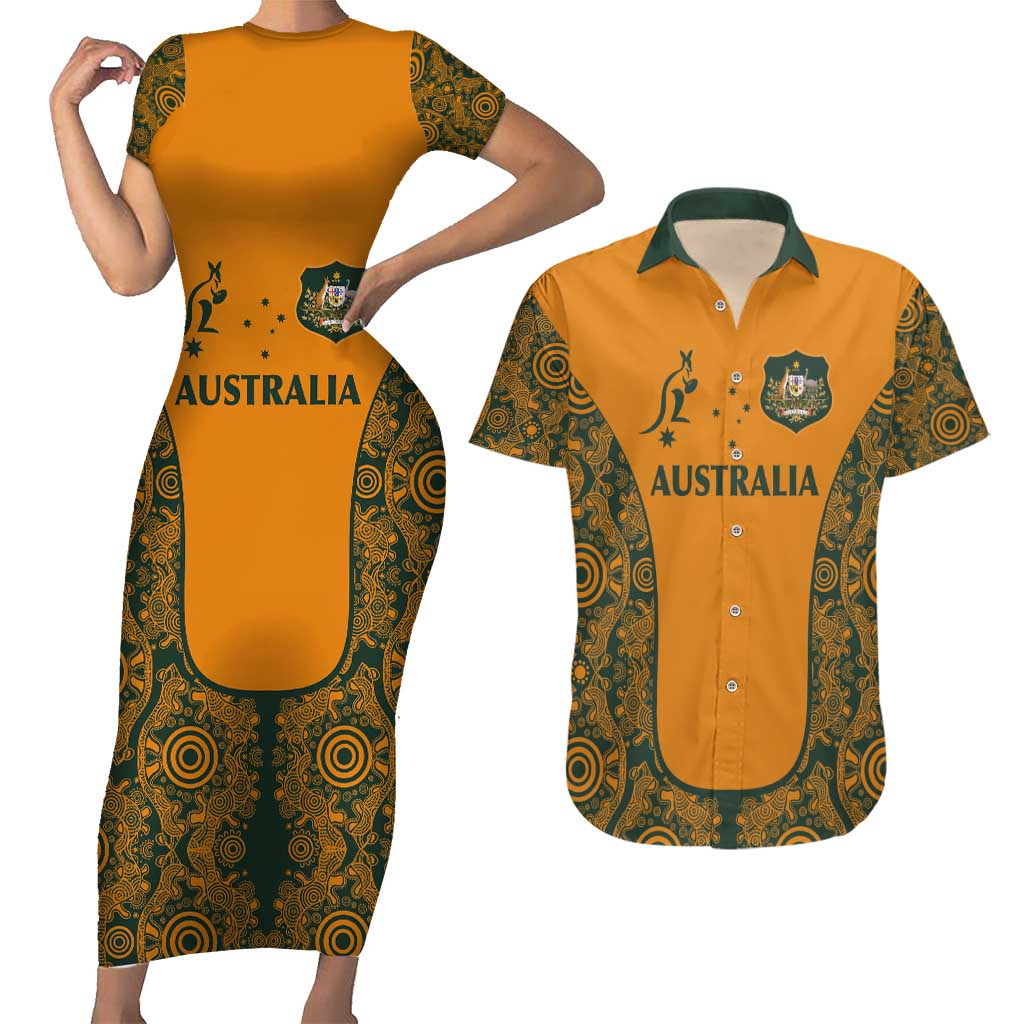 Custom Australia Rugby Championship 2024 Couples Matching Short Sleeve Bodycon Dress and Hawaiian Shirt Aboriginal Art Tattoo Pattern LT03 Yellow - Polynesian Pride