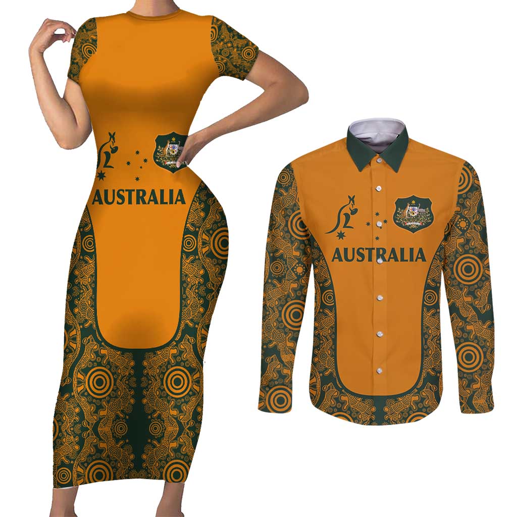 Custom Australia Rugby Championship 2024 Couples Matching Short Sleeve Bodycon Dress and Long Sleeve Button Shirt Aboriginal Art Tattoo Pattern LT03 Yellow - Polynesian Pride