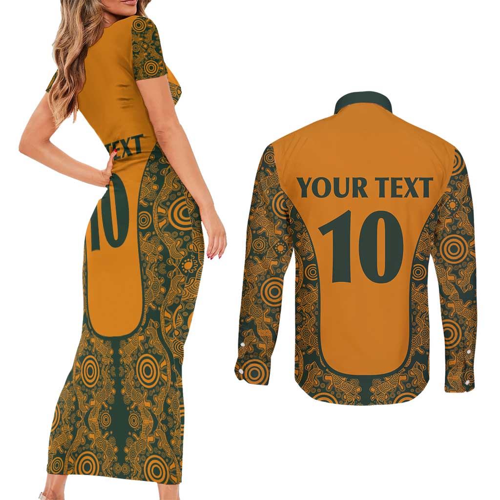Custom Australia Rugby Championship 2024 Couples Matching Short Sleeve Bodycon Dress and Long Sleeve Button Shirt Aboriginal Art Tattoo Pattern LT03 - Polynesian Pride