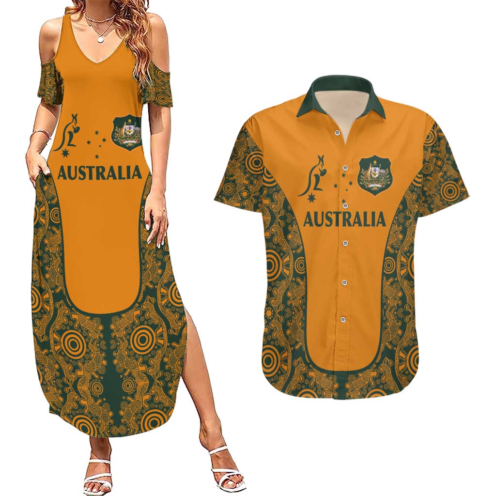 Custom Australia Rugby Championship 2024 Couples Matching Summer Maxi Dress and Hawaiian Shirt Aboriginal Art Tattoo Pattern LT03 Yellow - Polynesian Pride