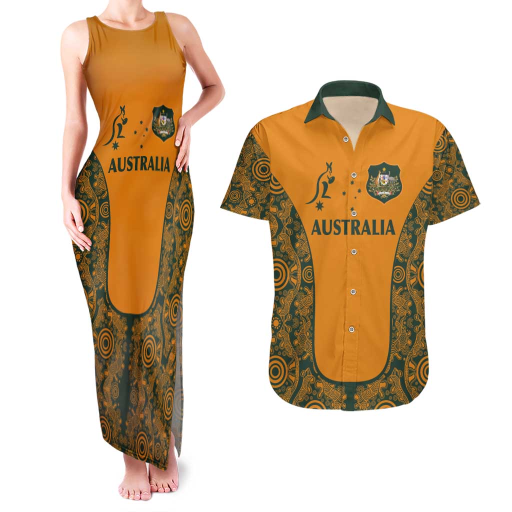 Custom Australia Rugby Championship 2024 Couples Matching Tank Maxi Dress and Hawaiian Shirt Aboriginal Art Tattoo Pattern LT03 Yellow - Polynesian Pride
