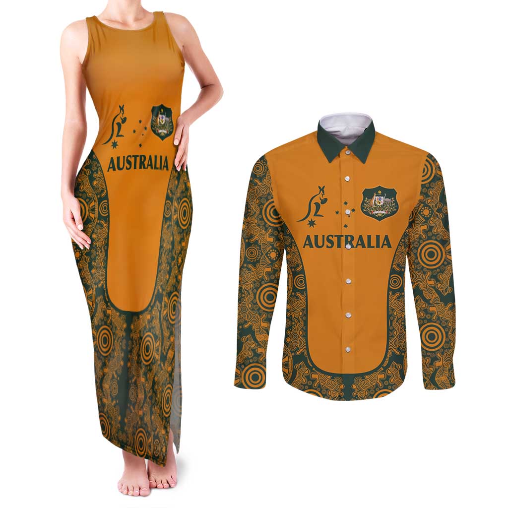 Custom Australia Rugby Championship 2024 Couples Matching Tank Maxi Dress and Long Sleeve Button Shirt Aboriginal Art Tattoo Pattern LT03 Yellow - Polynesian Pride