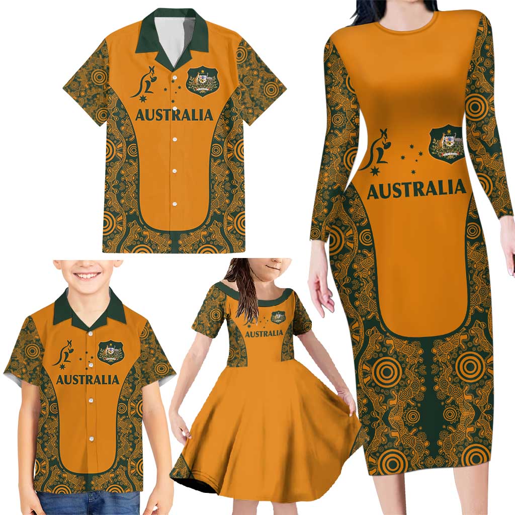 Custom Australia Rugby Championship 2024 Family Matching Long Sleeve Bodycon Dress and Hawaiian Shirt Aboriginal Art Tattoo Pattern