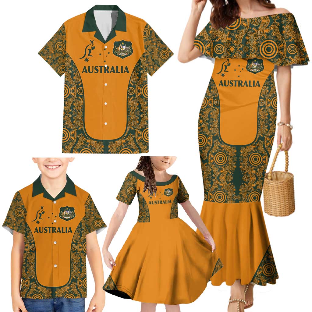 Custom Australia Rugby Championship 2024 Family Matching Mermaid Dress and Hawaiian Shirt Aboriginal Art Tattoo Pattern