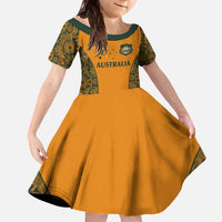 Custom Australia Rugby Championship 2024 Family Matching Off The Shoulder Long Sleeve Dress and Hawaiian Shirt Aboriginal Art Tattoo Pattern LT03 Daughter's Dress Yellow - Polynesian Pride