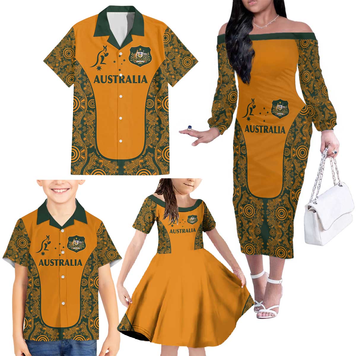 Custom Australia Rugby Championship 2024 Family Matching Off The Shoulder Long Sleeve Dress and Hawaiian Shirt Aboriginal Art Tattoo Pattern