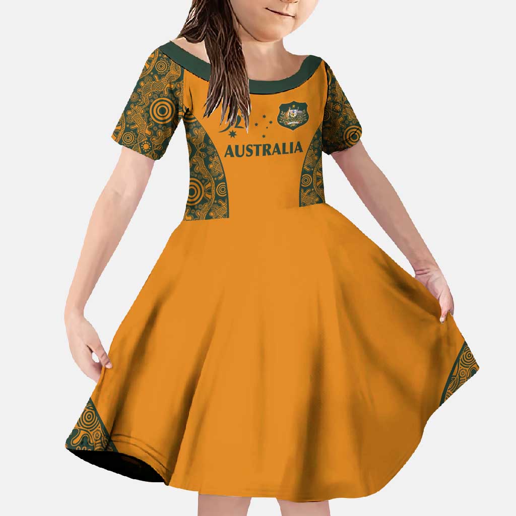Custom Australia Rugby Championship 2024 Family Matching Off Shoulder Maxi Dress and Hawaiian Shirt Aboriginal Art Tattoo Pattern LT03 Daughter's Dress Yellow - Polynesian Pride