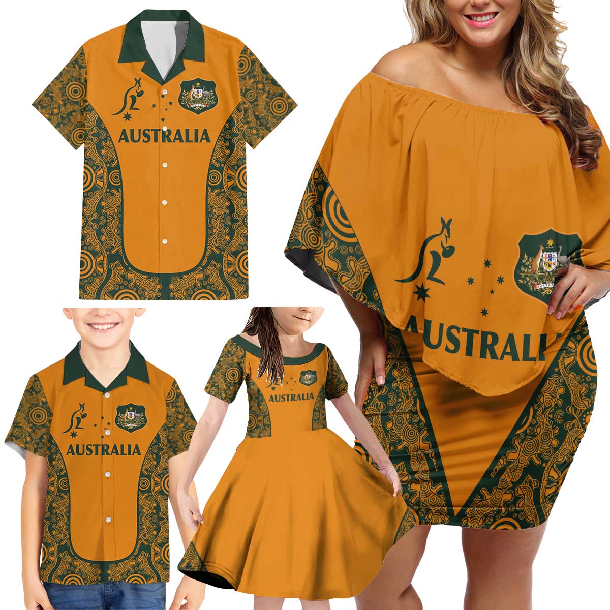 Custom Australia Rugby Championship 2024 Family Matching Off Shoulder Short Dress and Hawaiian Shirt Aboriginal Art Tattoo Pattern LT03 - Polynesian Pride