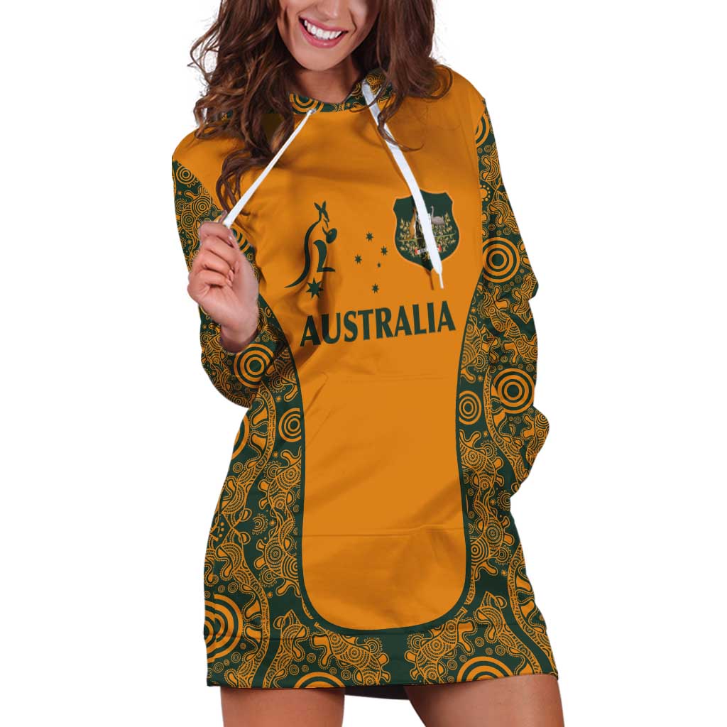 Custom Australia Rugby Championship 2024 Hoodie Dress Aboriginal Art Tattoo Pattern LT03 Yellow - Polynesian Pride
