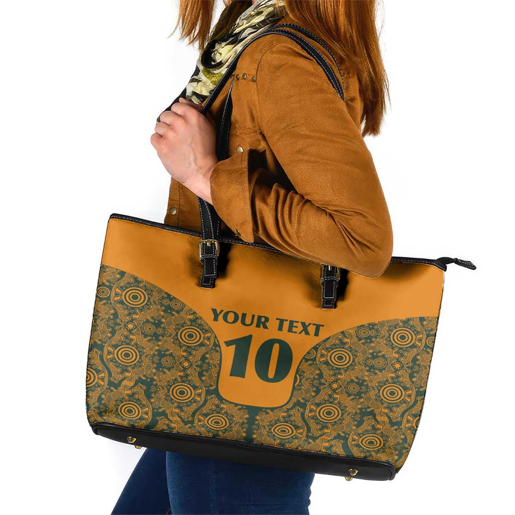 Custom Australia Rugby Championship 2024 Leather Tote Bag Aboriginal Art Tattoo Pattern LT03 Yellow - Polynesian Pride