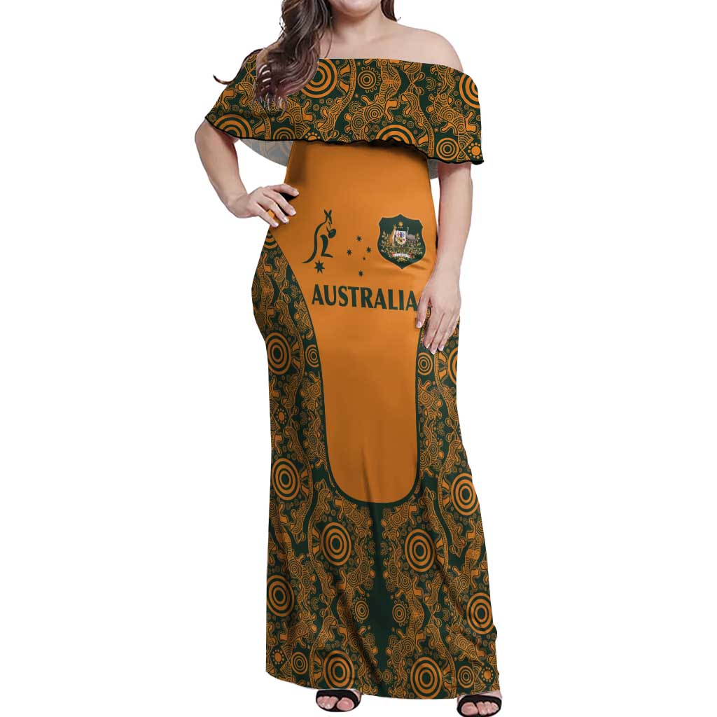 Custom Australia Rugby Championship 2024 Off Shoulder Maxi Dress Aboriginal Art Tattoo Pattern LT03 Women Yellow - Polynesian Pride