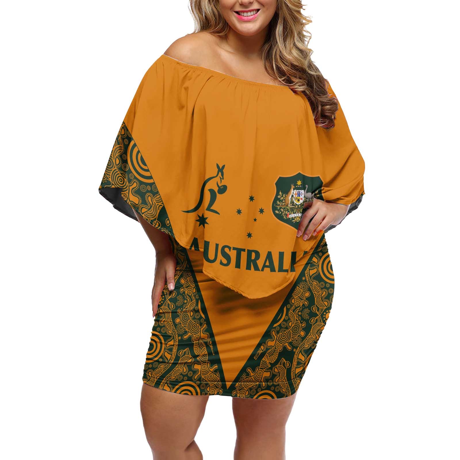 Custom Australia Rugby Championship 2024 Off Shoulder Short Dress Aboriginal Art Tattoo Pattern LT03 Women Yellow - Polynesian Pride