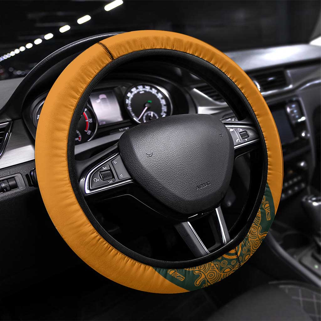Australia Rugby Championship 2024 Steering Wheel Cover Aboriginal Art Tattoo Pattern LT03 Universal Fit Yellow - Polynesian Pride