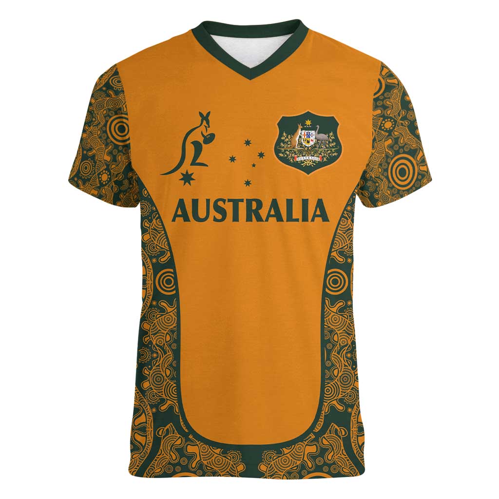 Custom Australia Rugby Championship 2024 Women V-Neck T-Shirt Aboriginal Art Tattoo Pattern