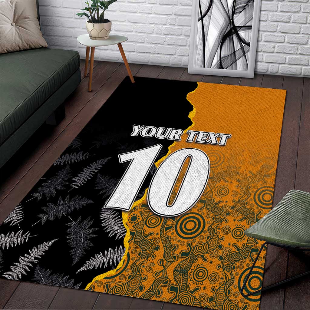 Custom New Zealand and Australia Rugby Championship 2024 Area Rug Maori Warrior and Kangaroo Mascot with Fern Aboriginal