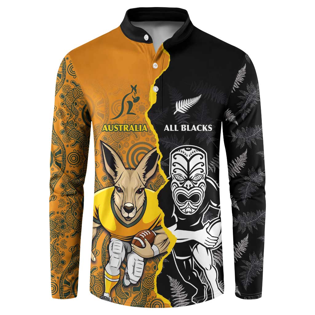 Custom New Zealand and Australia Rugby Championship 2024 Button Sweatshirt Maori Warrior and Kangaroo Mascot with Fern Aboriginal LT03 Black - Polynesian Pride