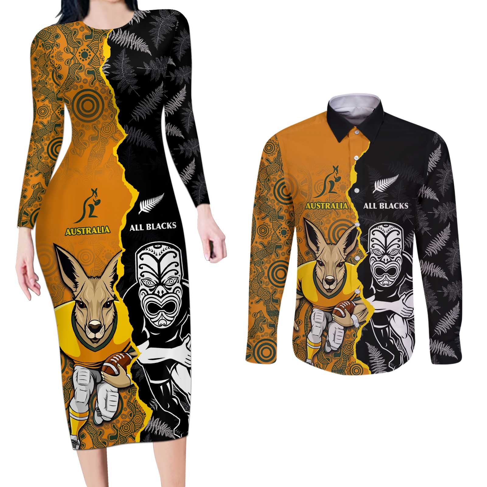 Custom New Zealand and Australia Rugby Championship 2024 Couples Matching Long Sleeve Bodycon Dress and Long Sleeve Button Shirt Maori Warrior and Kangaroo Mascot with Fern Aboriginal