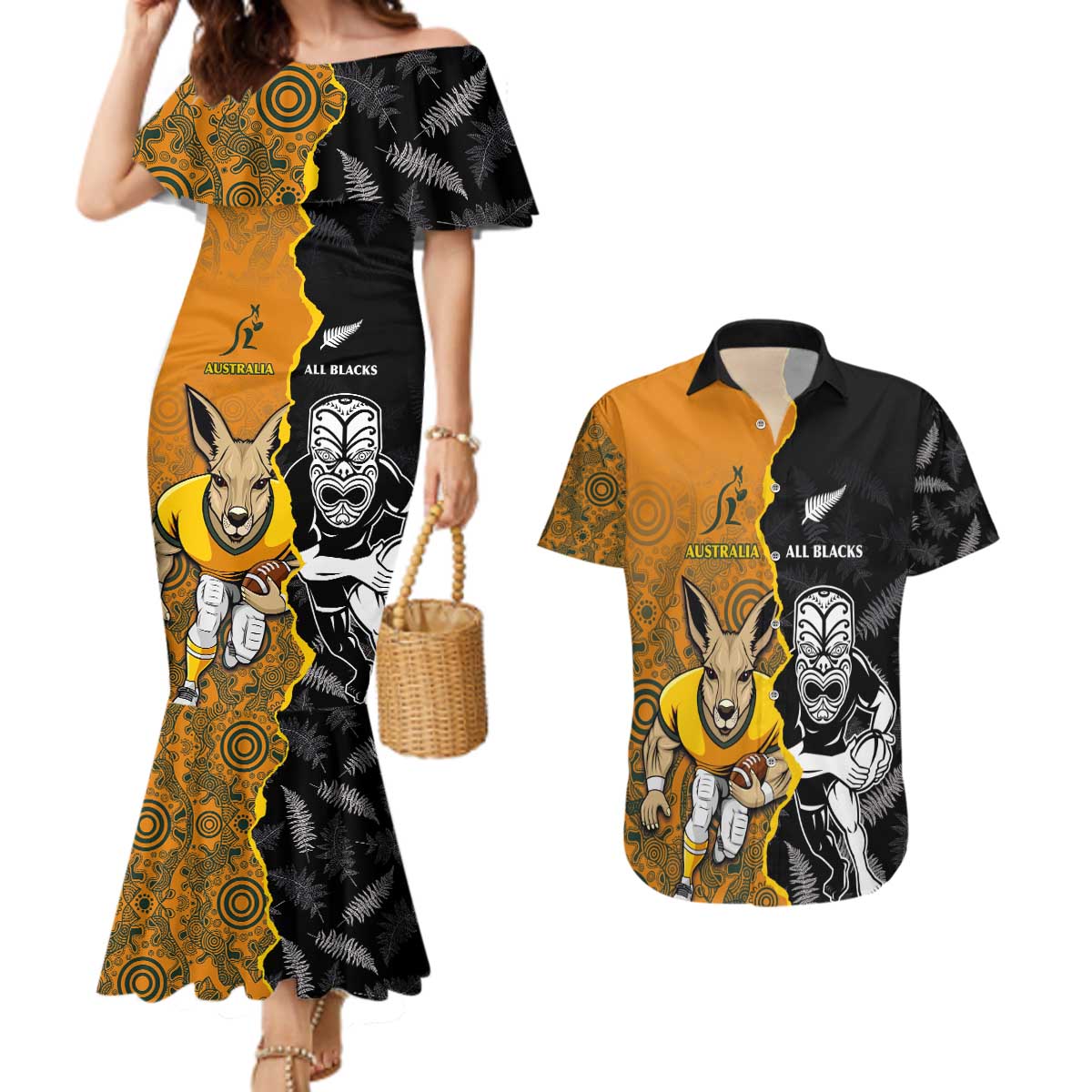 Custom New Zealand and Australia Rugby Championship 2024 Couples Matching Mermaid Dress and Hawaiian Shirt Maori Warrior and Kangaroo Mascot with Fern Aboriginal