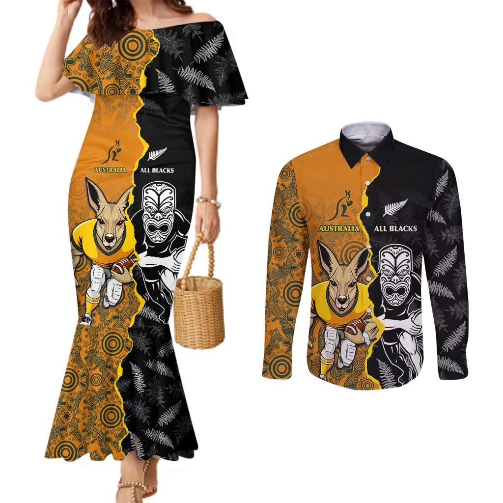 Custom New Zealand and Australia Rugby Championship 2024 Couples Matching Mermaid Dress and Long Sleeve Button Shirt Maori Warrior and Kangaroo Mascot with Fern Aboriginal