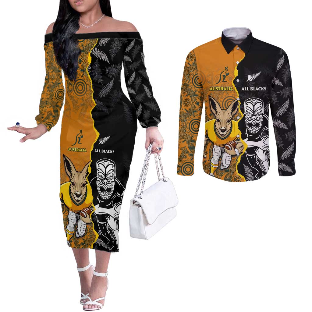 Custom New Zealand and Australia Rugby Championship 2024 Couples Matching Off The Shoulder Long Sleeve Dress and Long Sleeve Button Shirt Maori Warrior and Kangaroo Mascot with Fern Aboriginal