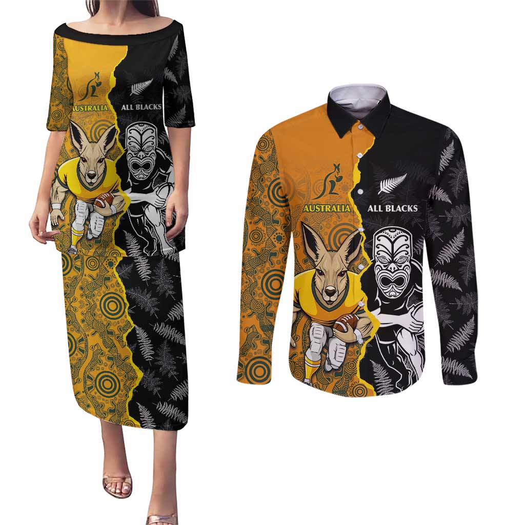 Custom New Zealand and Australia Rugby Championship 2024 Couples Matching Puletasi and Long Sleeve Button Shirt Maori Warrior and Kangaroo Mascot with Fern Aboriginal