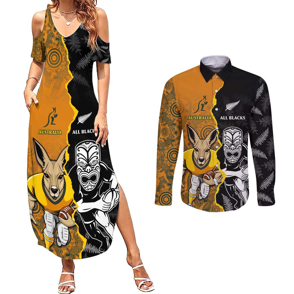 Custom New Zealand and Australia Rugby Championship 2024 Couples Matching Summer Maxi Dress and Long Sleeve Button Shirt Maori Warrior and Kangaroo Mascot with Fern Aboriginal