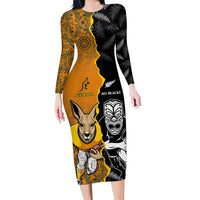 Custom New Zealand and Australia Rugby Championship 2024 Family Matching Long Sleeve Bodycon Dress and Hawaiian Shirt Maori Warrior and Kangaroo Mascot with Fern Aboriginal