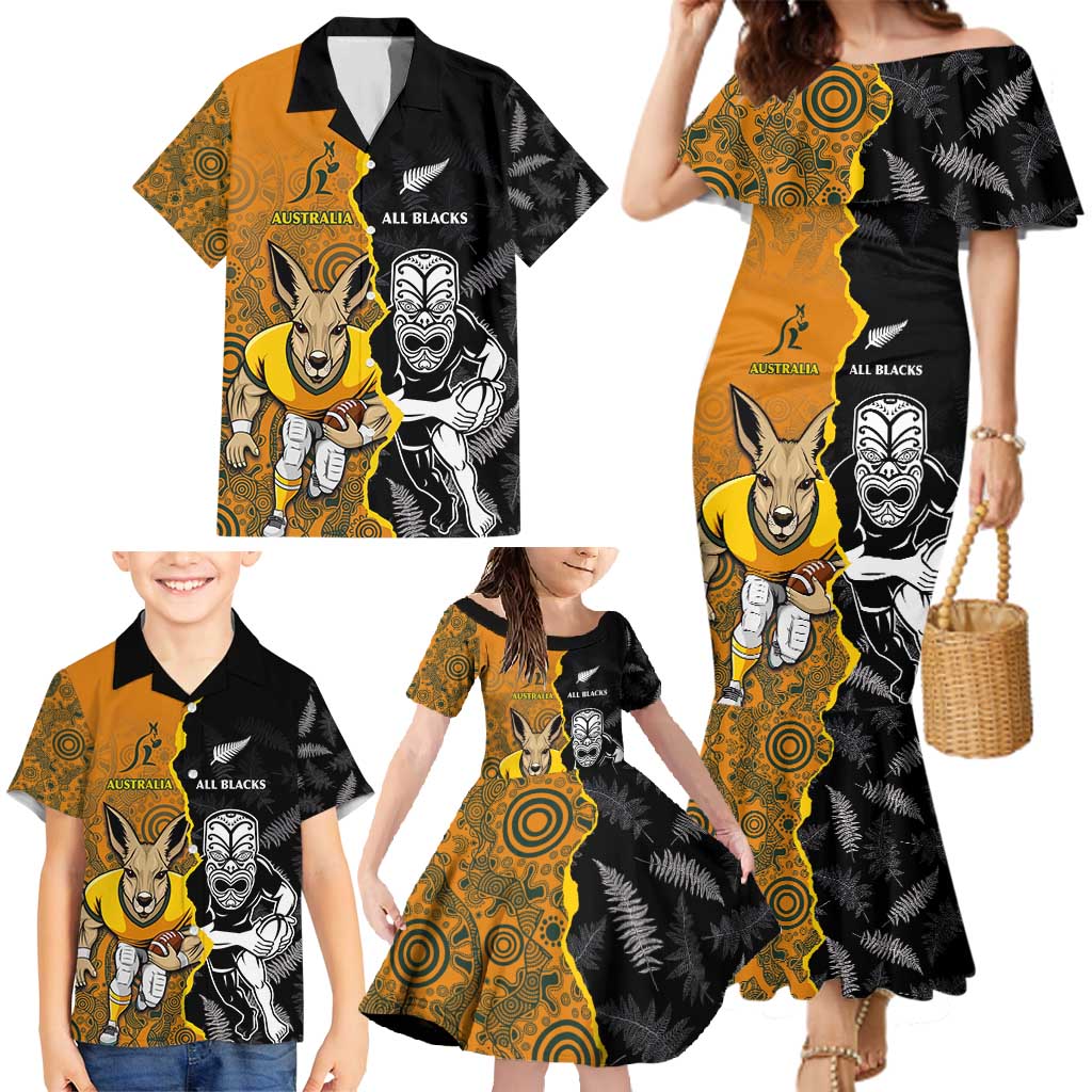 Custom New Zealand and Australia Rugby Championship 2024 Family Matching Mermaid Dress and Hawaiian Shirt Maori Warrior and Kangaroo Mascot with Fern Aboriginal