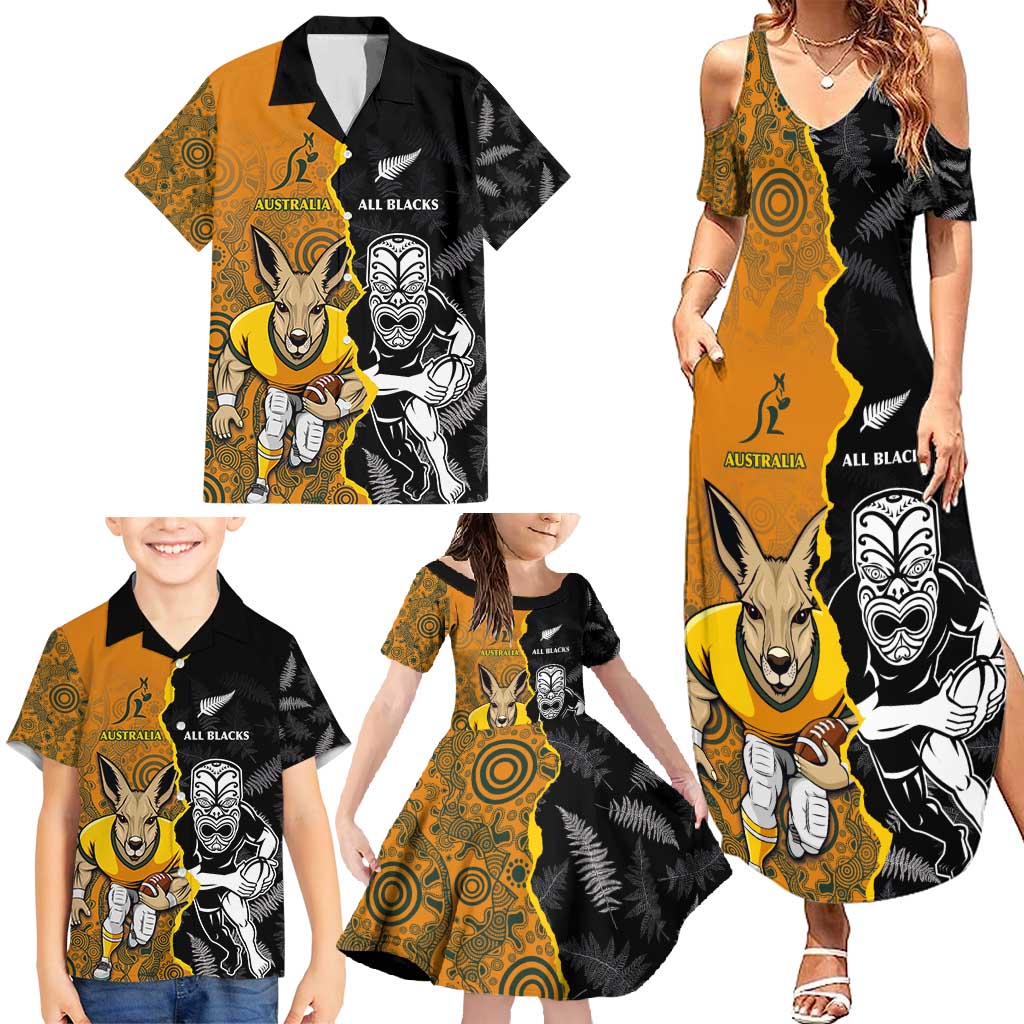 Custom New Zealand and Australia Rugby Championship 2024 Family Matching Summer Maxi Dress and Hawaiian Shirt Maori Warrior and Kangaroo Mascot with Fern Aboriginal