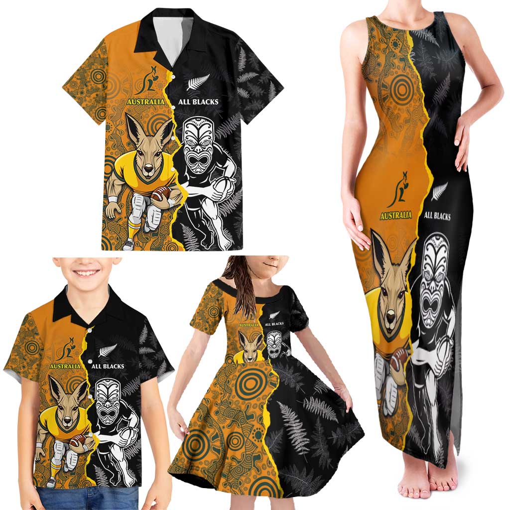 Custom New Zealand and Australia Rugby Championship 2024 Family Matching Tank Maxi Dress and Hawaiian Shirt Maori Warrior and Kangaroo Mascot with Fern Aboriginal