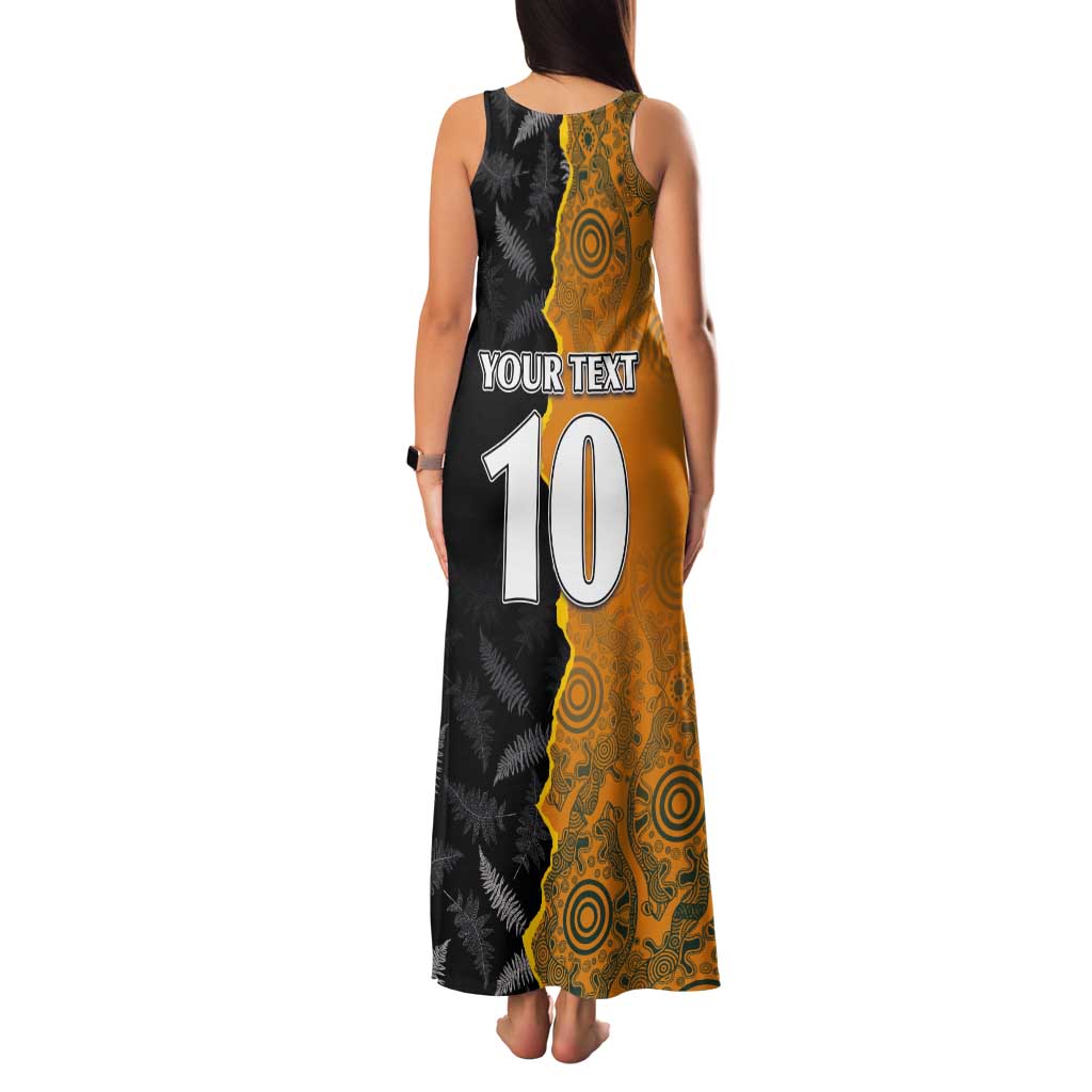 Custom New Zealand and Australia Rugby Championship 2024 Family Matching Tank Maxi Dress and Hawaiian Shirt Maori Warrior and Kangaroo Mascot with Fern Aboriginal