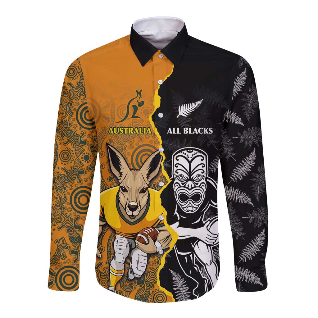 Custom New Zealand and Australia Rugby Championship 2024 Long Sleeve Button Shirt Maori Warrior and Kangaroo Mascot with Fern Aboriginal