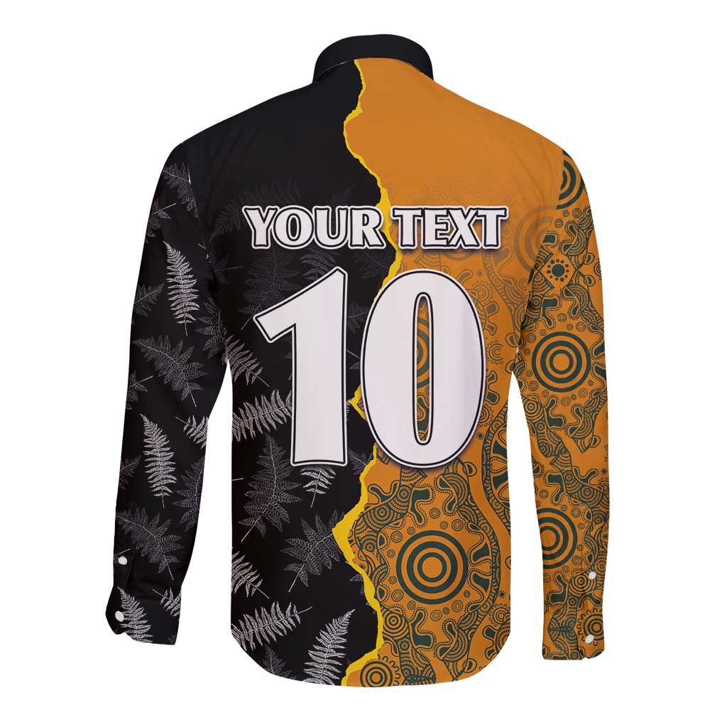 Custom New Zealand and Australia Rugby Championship 2024 Long Sleeve Button Shirt Maori Warrior and Kangaroo Mascot with Fern Aboriginal