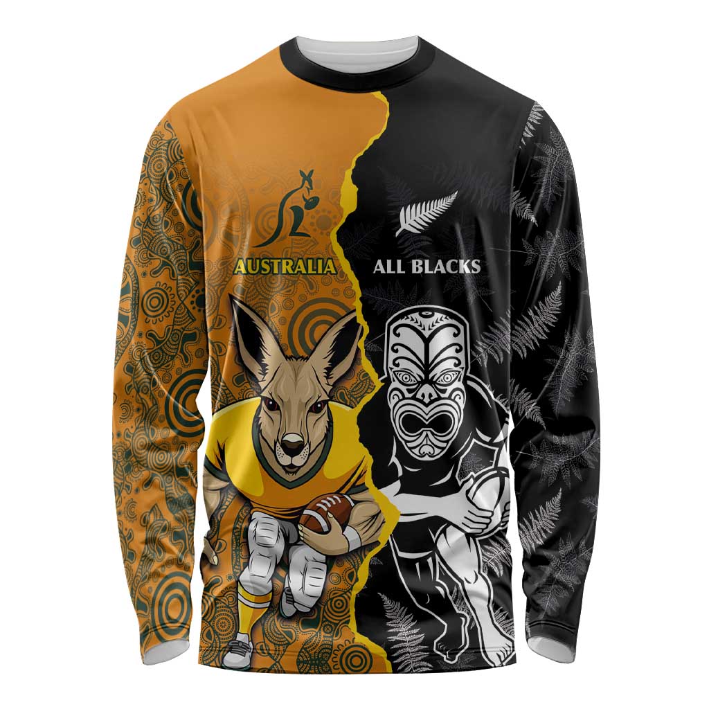 Custom New Zealand and Australia Rugby Championship 2024 Long Sleeve Shirt Maori Warrior and Kangaroo Mascot with Fern Aboriginal