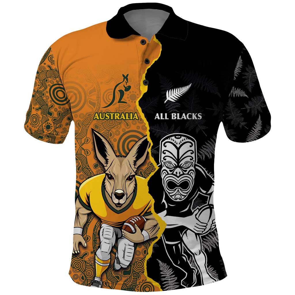 Custom New Zealand and Australia Rugby Championship 2024 Polo Shirt Maori Warrior and Kangaroo Mascot with Fern Aboriginal