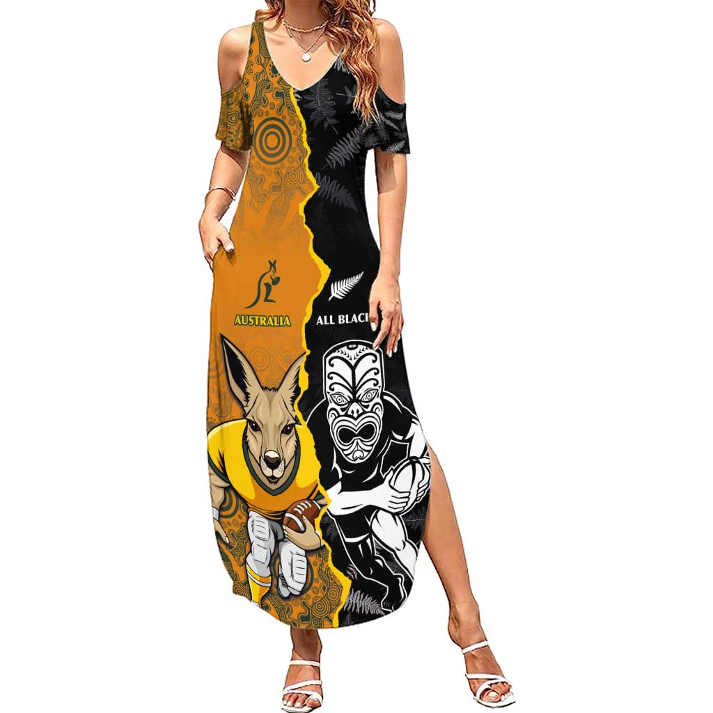 Custom New Zealand and Australia Rugby Championship 2024 Summer Maxi Dress Maori Warrior and Kangaroo Mascot with Fern Aboriginal