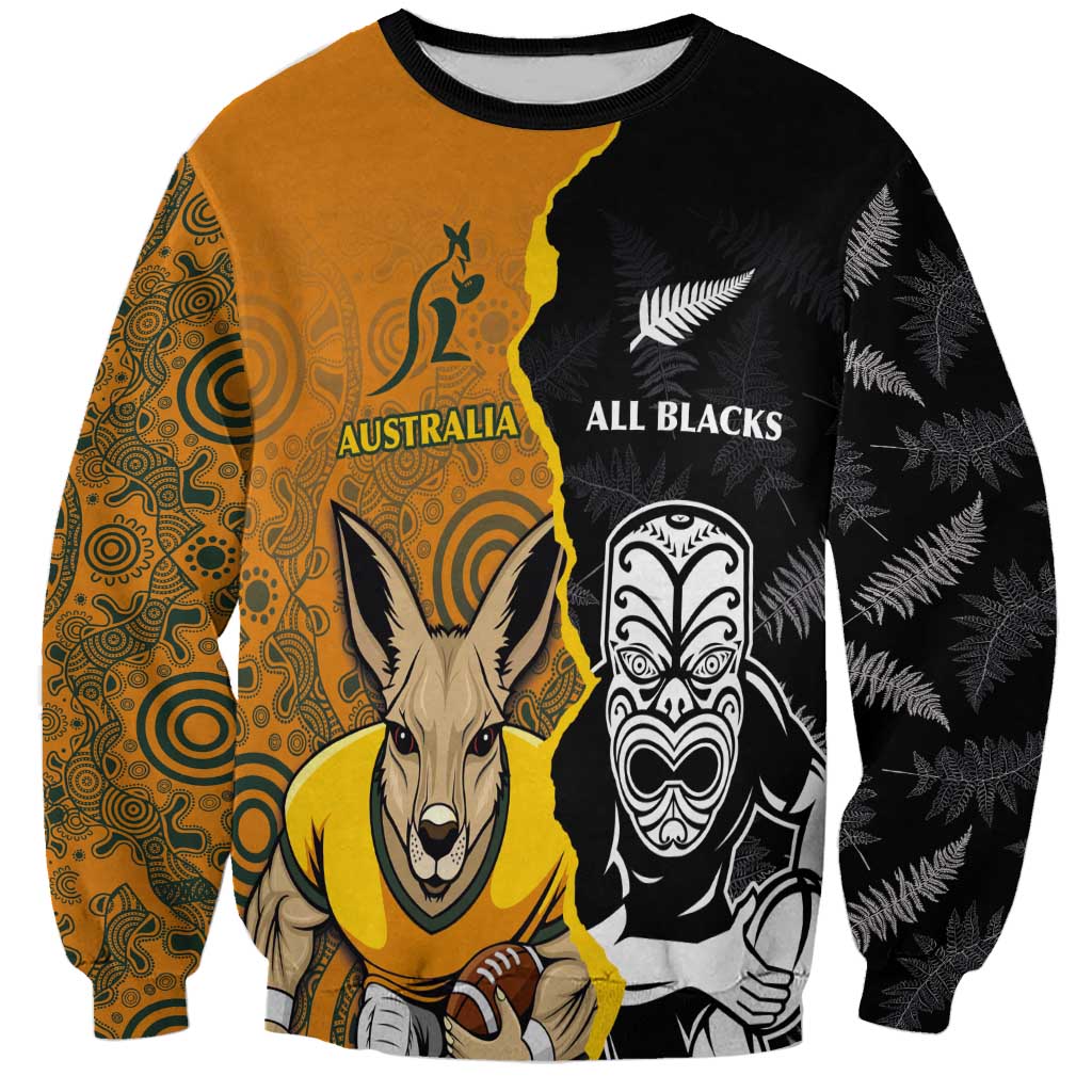 Custom New Zealand and Australia Rugby Championship 2024 Sweatshirt Maori Warrior and Kangaroo Mascot with Fern Aboriginal