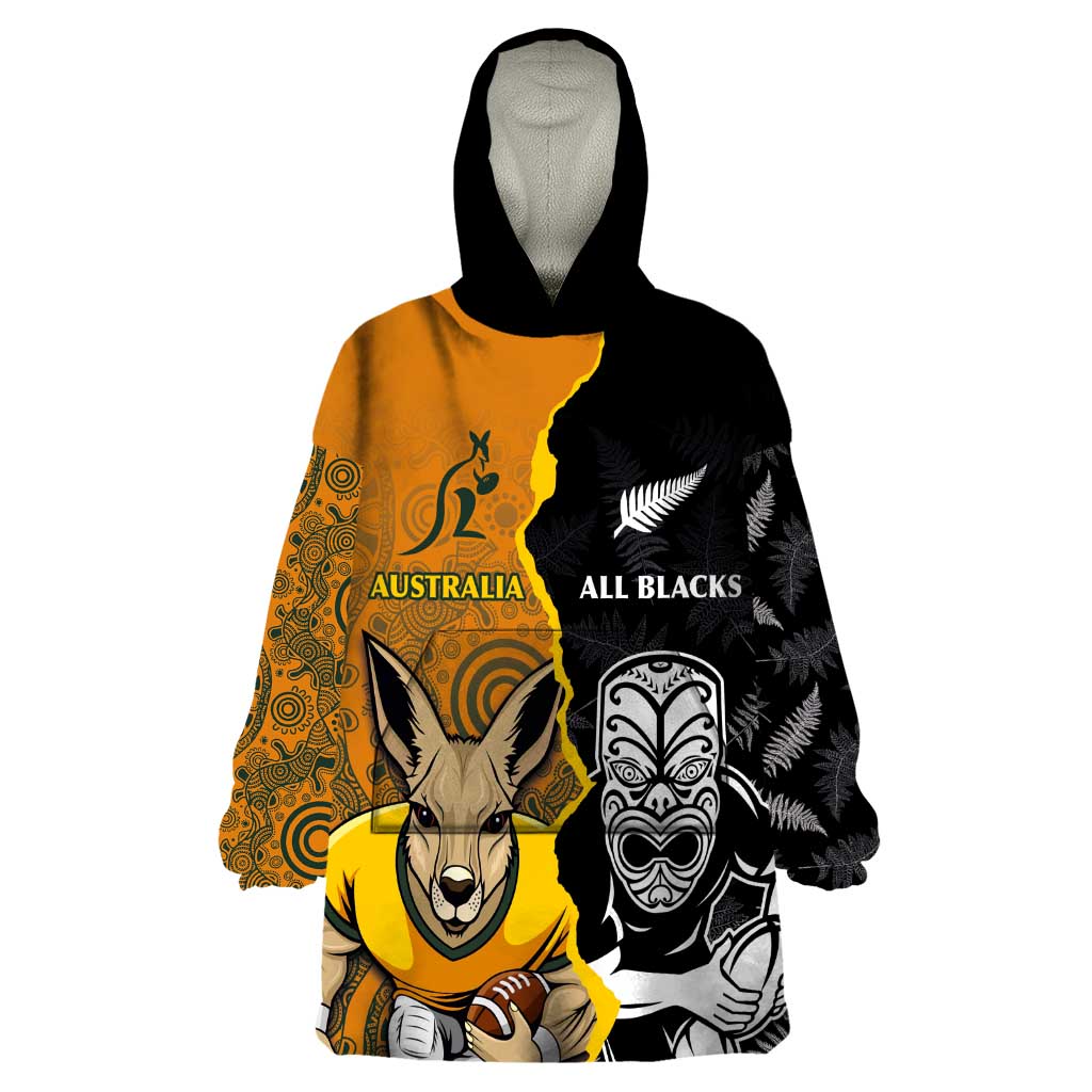 Custom New Zealand and Australia Rugby Championship 2024 Wearable Blanket Hoodie Maori Warrior and Kangaroo Mascot with Fern Aboriginal