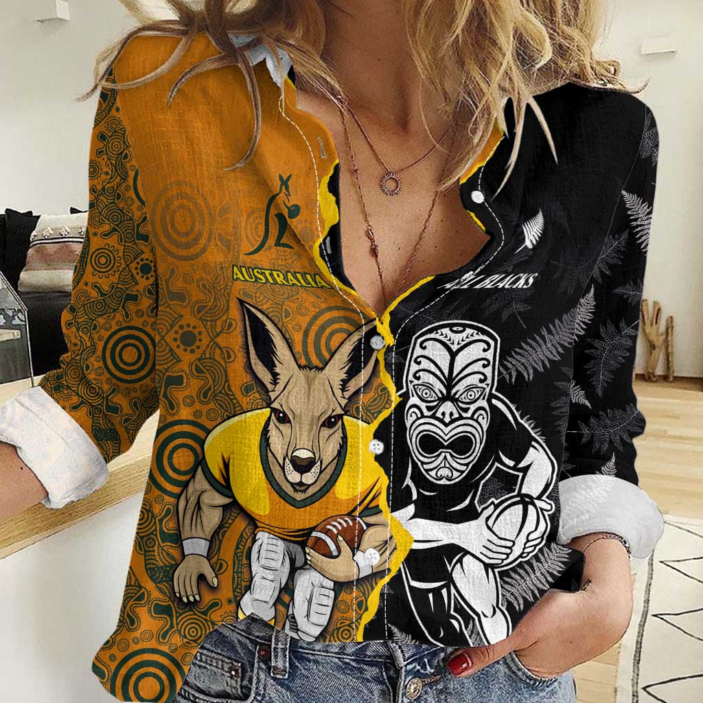 Custom New Zealand and Australia Rugby Championship 2024 Women Casual Shirt Maori Warrior and Kangaroo Mascot with Fern Aboriginal