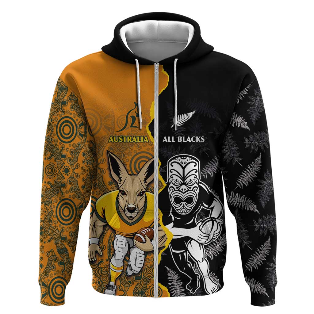 Custom New Zealand and Australia Rugby Championship 2024 Zip Hoodie Maori Warrior and Kangaroo Mascot with Fern Aboriginal