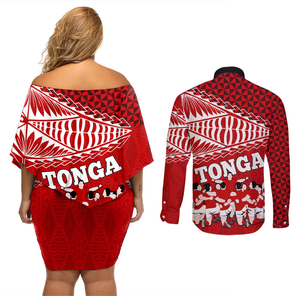 tonga-rugby-couples-matching-off-shoulder-short-dress-and-long-sleeve-button-shirts-sipi-tau-dance-ngatu-pattern
