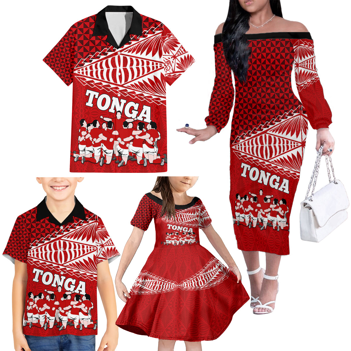 Tonga Rugby Family Matching Off Shoulder Long Sleeve Dress and Hawaiian Shirt Sipi Tau Dance Ngatu Pattern LT03 - Polynesian Pride