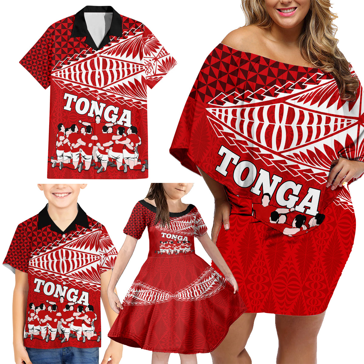 Tonga Rugby Family Matching Off Shoulder Short Dress and Hawaiian Shirt Sipi Tau Dance Ngatu Pattern LT03 - Polynesian Pride