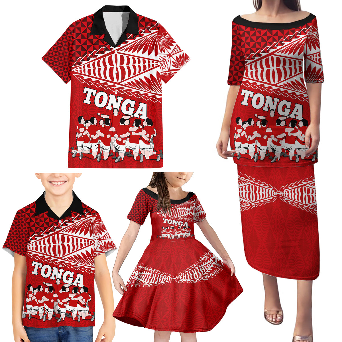 Tonga Rugby Family Matching Puletasi Dress and Hawaiian Shirt Sipi Tau Dance Ngatu Pattern LT03 - Polynesian Pride