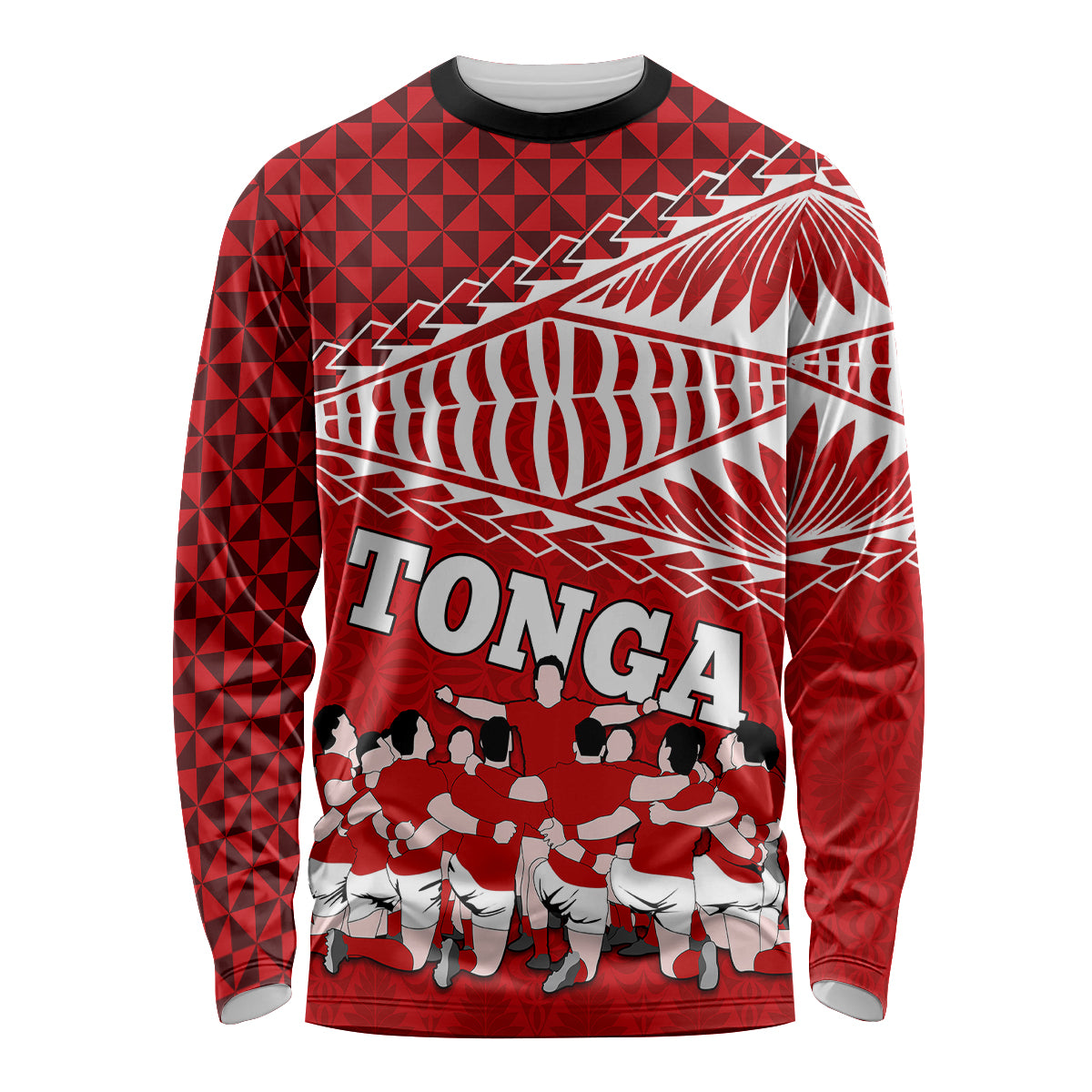 Tonga Rugby Long Sleeve Shirt Sipi Tau Dance Ngatu Pattern LT03 Unisex Red - Polynesian Pride